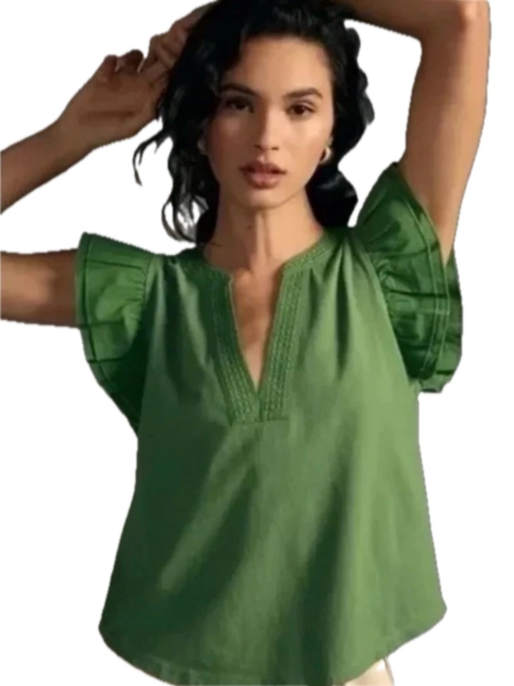 Anthropologie MAEVE Ruffle Sleeve 100% Cotton Top Green Small Deep V NWT